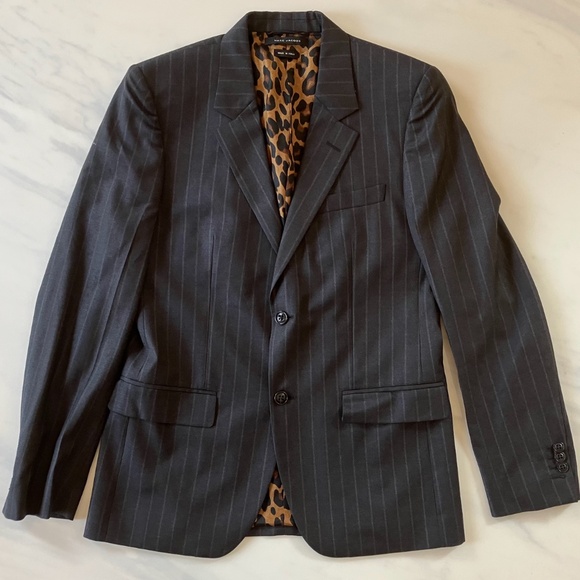 Marc Jacobs Gray Pinstripe Jacket w/ Silk Leopard Lining US 40 EU 50 L XL - Picture 2 of 7